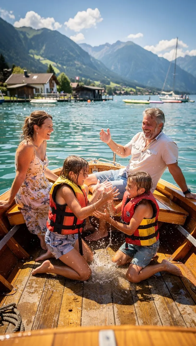 Gemütliche Holzterrasse eines Sehauses mit Blick auf den Attersee