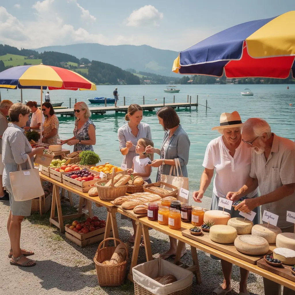 Moderne Wohnung mit Blick auf den Attersee, die den Sonnenuntergang Гјber dem Wasser einfГ¤ngt.