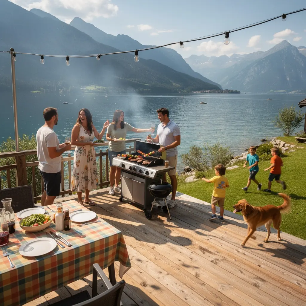 GemГјtliche Terrasse mit einem Essbereich, ideal fГјr Mahlzeiten im Freien mit Seeblick.