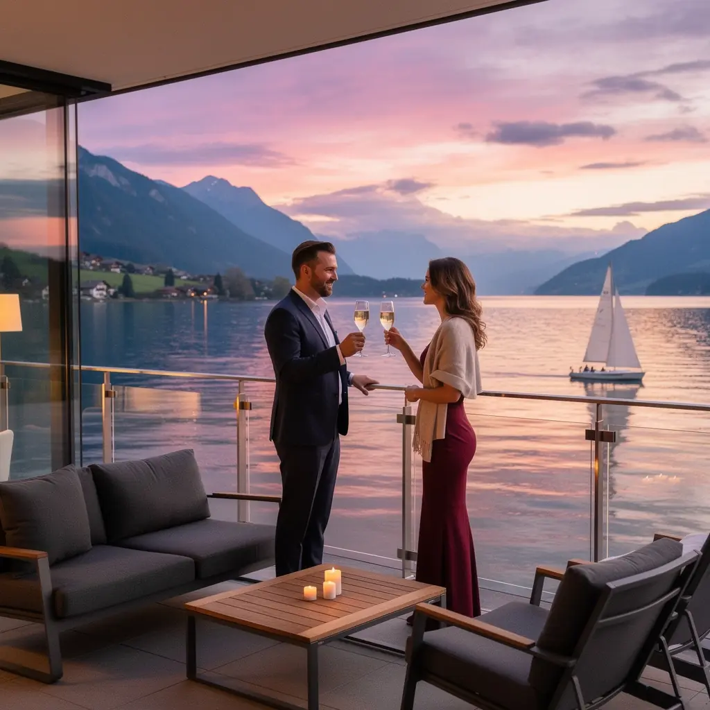Ein Sonnenuntergang über dem Wolfgangsee, der das Wasser in goldenes Licht taucht.